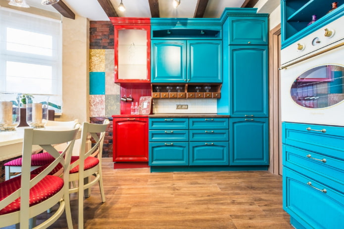 kitchen in turquoise colors with bright accents