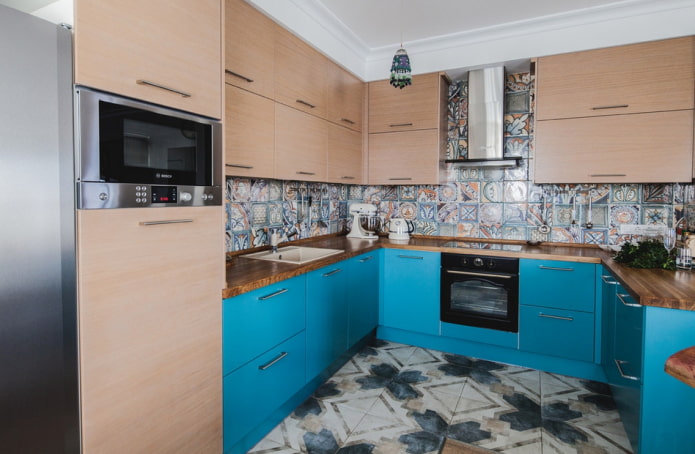kitchen design in beige and turquoise colors