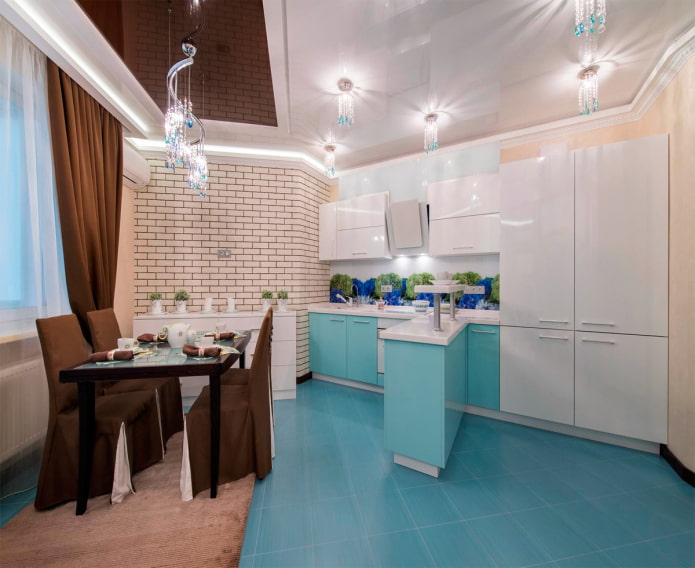ceiling in the interior of the kitchen in turquoise colors