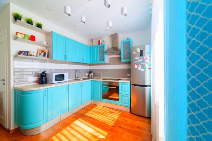 the floor in the interior of the kitchen is turquoise