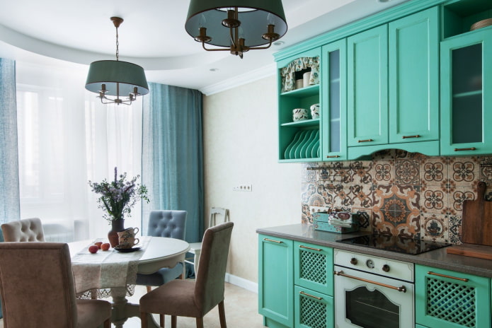 furniture and appliances in the turquoise kitchen