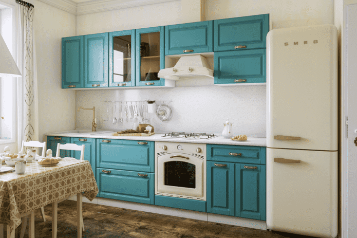 furniture and appliances in the turquoise kitchen