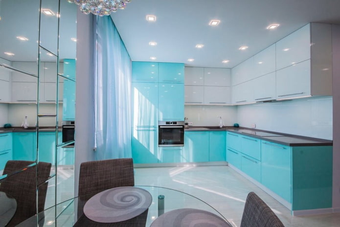 kitchen interior in white and turquoise colors