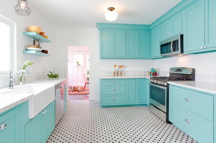 kitchen interior in white and turquoise colors