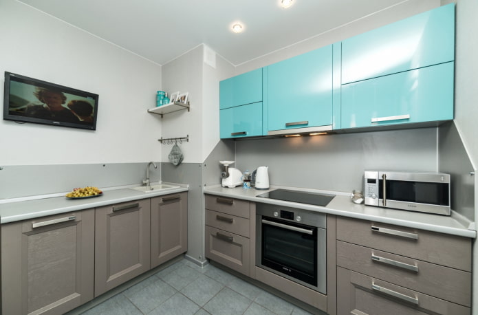 kitchen design in gray-turquoise colors