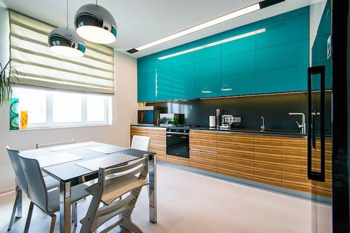 kitchen interior in turquoise brown tones