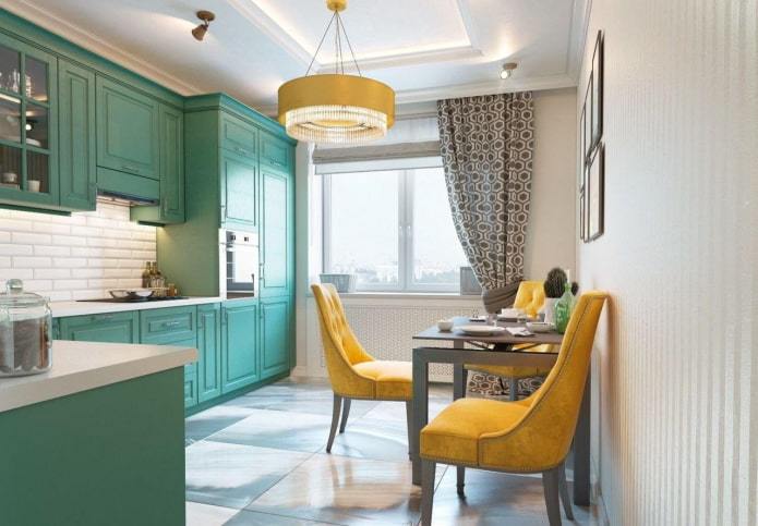 kitchen in turquoise colors with bright accents