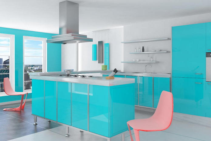 kitchen in turquoise colors with bright accents