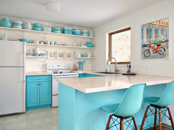 decor and textiles in the interior of the kitchen in turquoise color