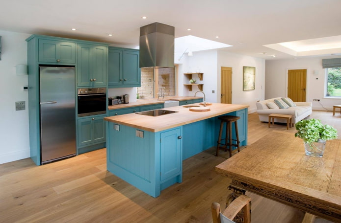 countertop in the interior of the kitchen in turquoise color