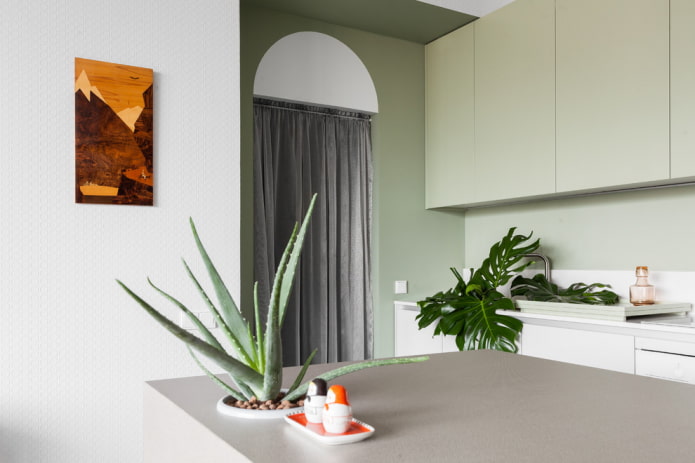 an arch instead of a door in the interior of the kitchen