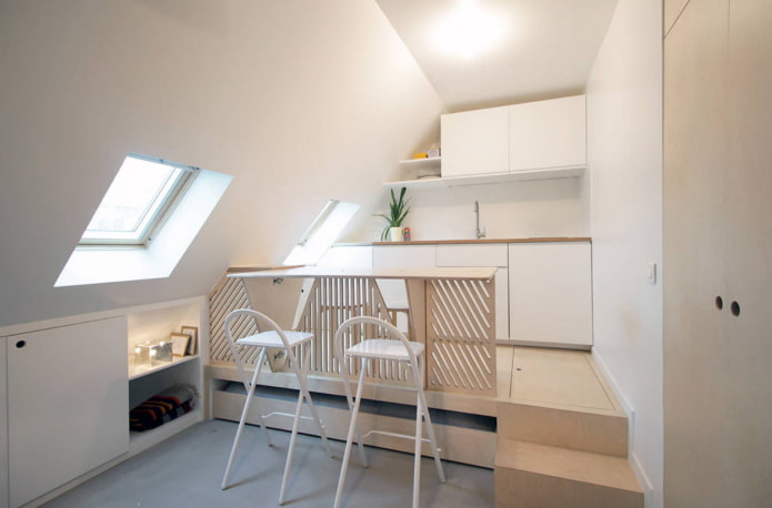 bed on the podium in the interior of the kitchen bed on the podium in the interior of the kitchen