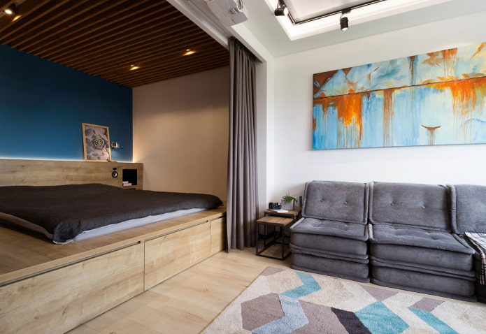 bed on the podium in the interior of the living room bed on the podium in the interior of the living room