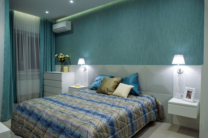 gray-turquoise bedroom interior