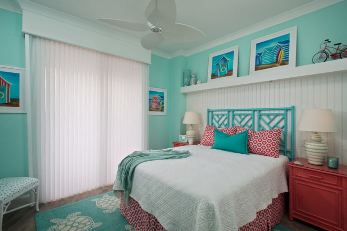 textiles and decor in the turquoise bedroom