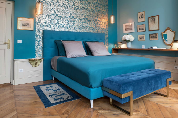 textiles and decor in the turquoise bedroom