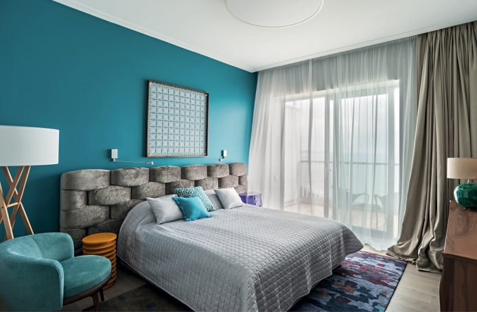 gray-turquoise bedroom interior