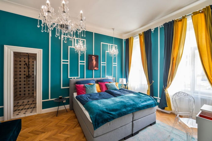 textiles and decor in the turquoise bedroom