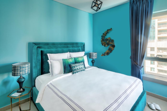 bedroom in turquoise colors