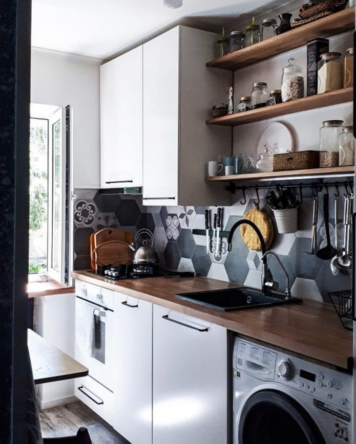 small kitchen with shelves