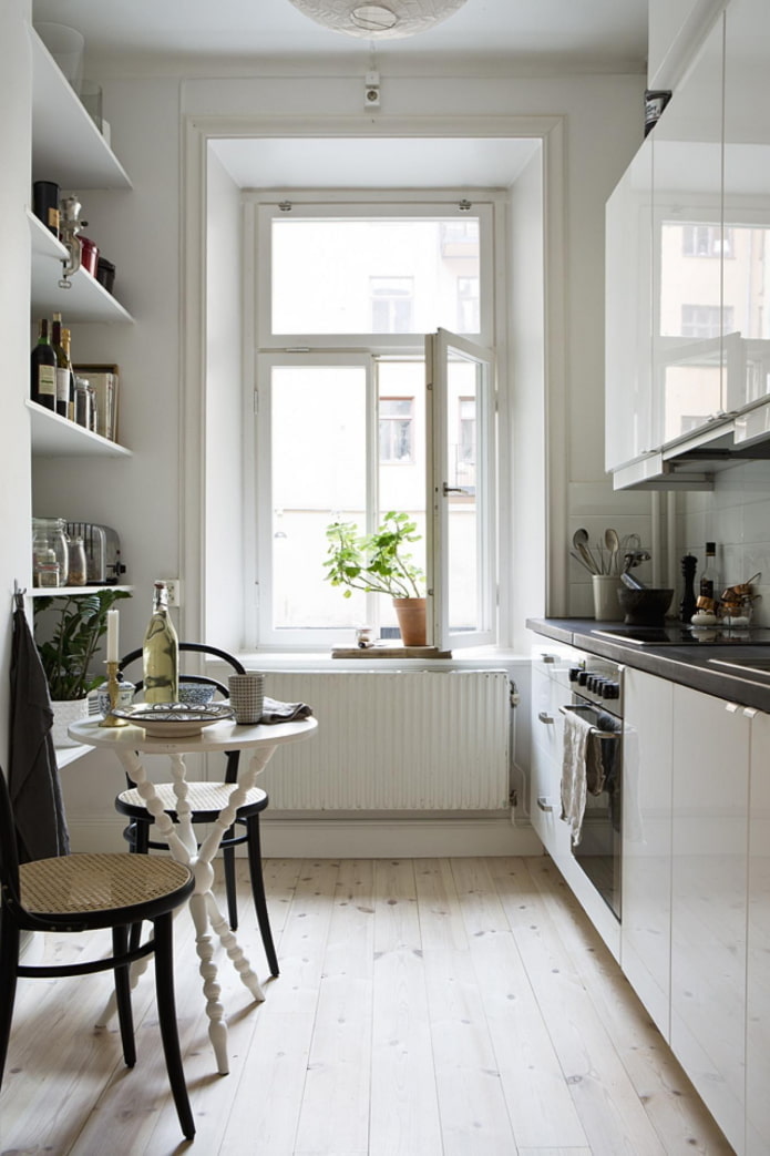 narrow kitchen with shelves