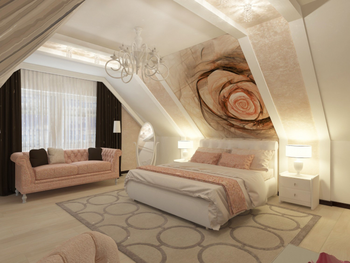 Photo wallpaper on the wall in the bedroom with a pattern of roses