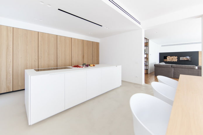 household appliances and kitchen cabinets are hidden behind a sliding system