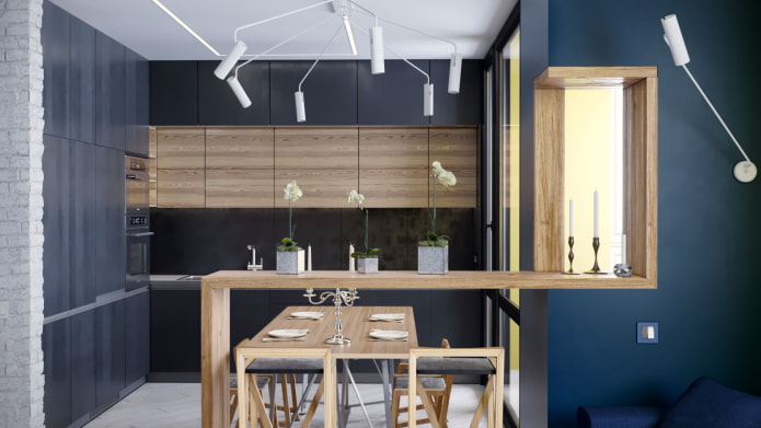dark kitchen with wood