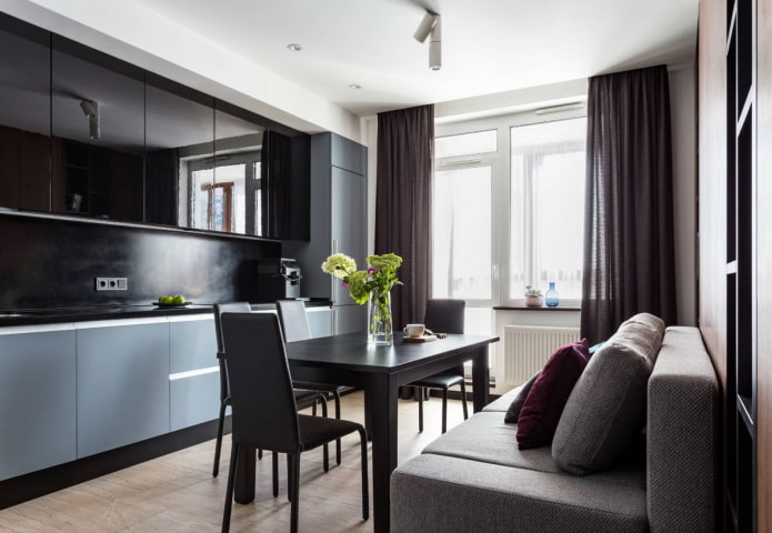 Dark kitchen with stylish curtains