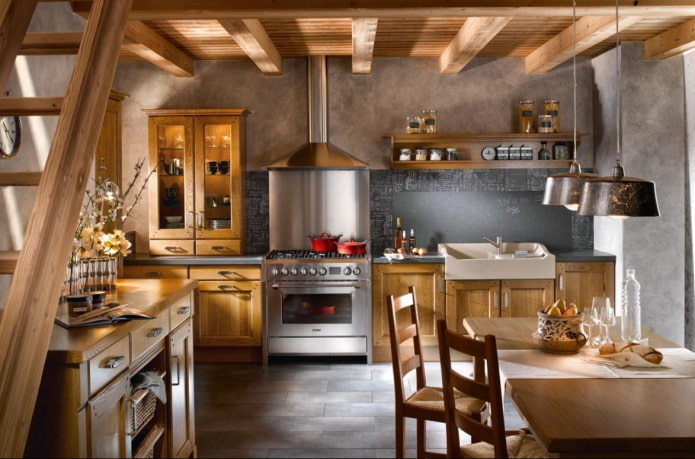 Kitchen with wooden ceiling