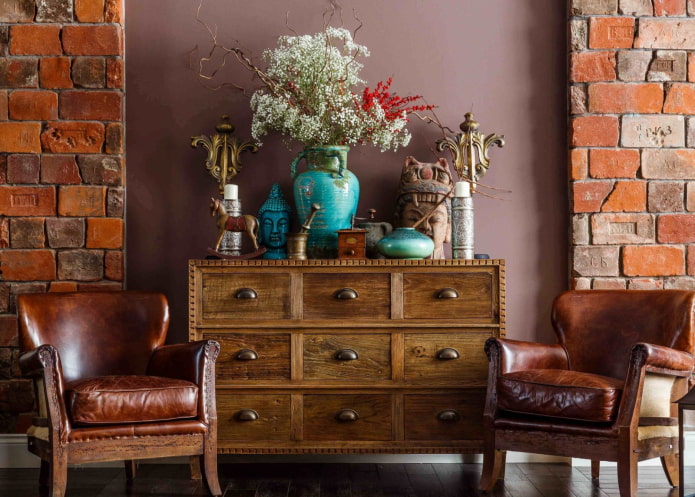 Wooden chest of drawers in the interior of the living room