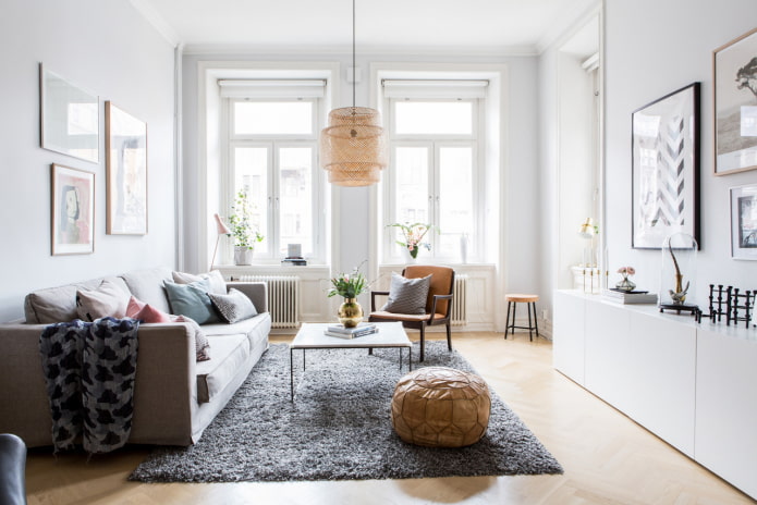 White living room with a long chest of drawers