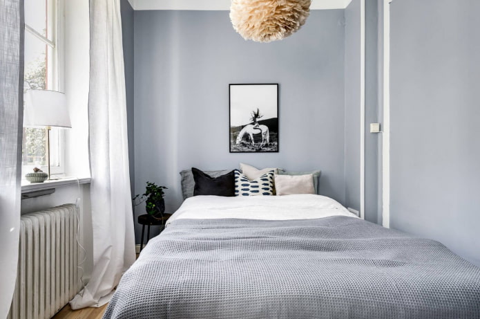 white curtains in gray bedroom