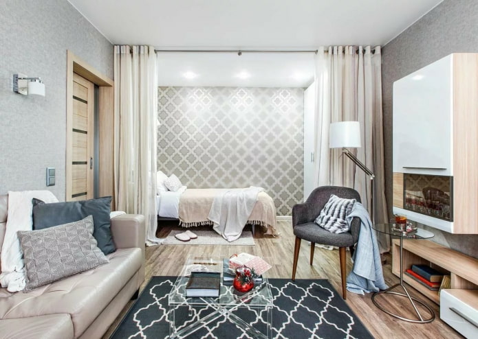 bedroom in a single room behind curtains