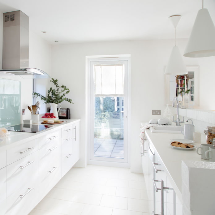 white narrow kitchen