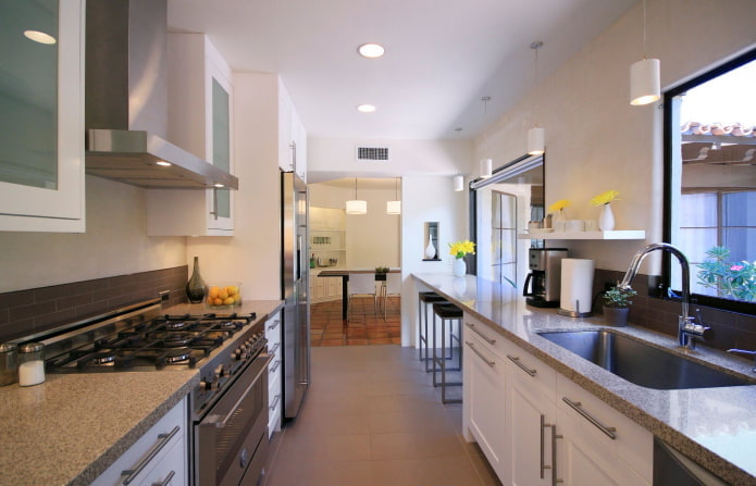 narrow kitchen with bar counter