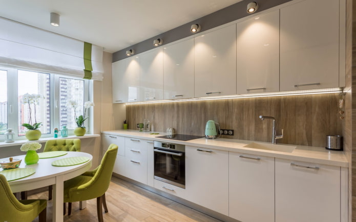 straight kitchen with dining table