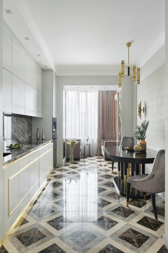 long kitchen with balcony