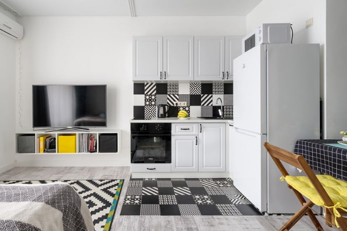 Kitchen-living room with black and white patterns