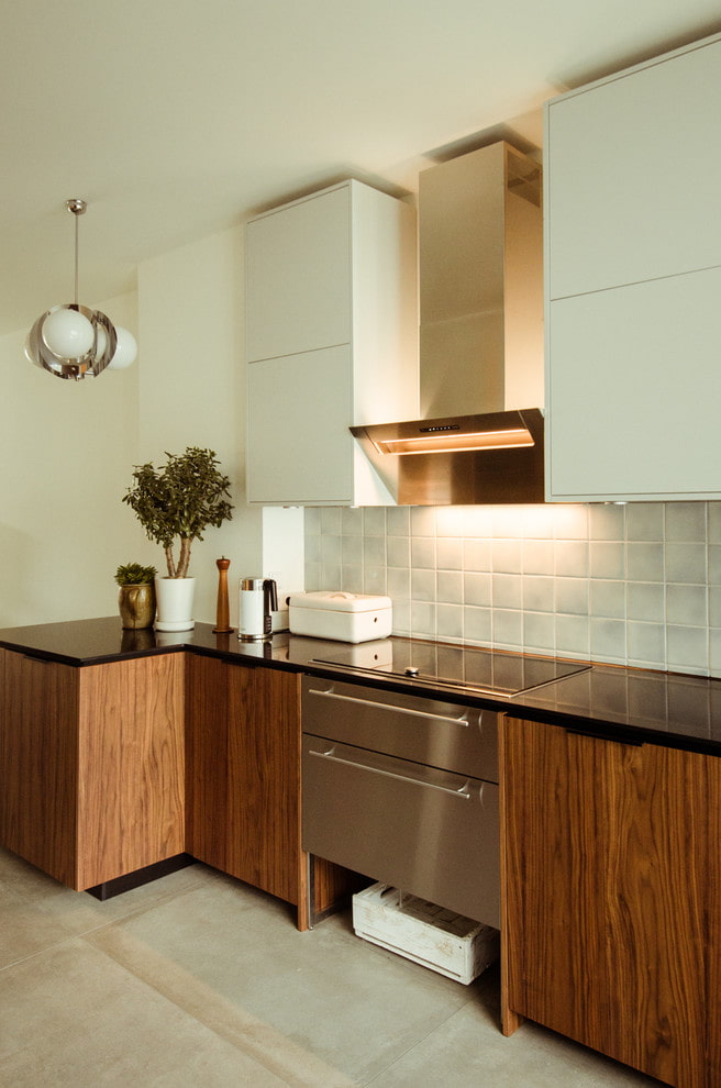White cabinets and wooden cabinets