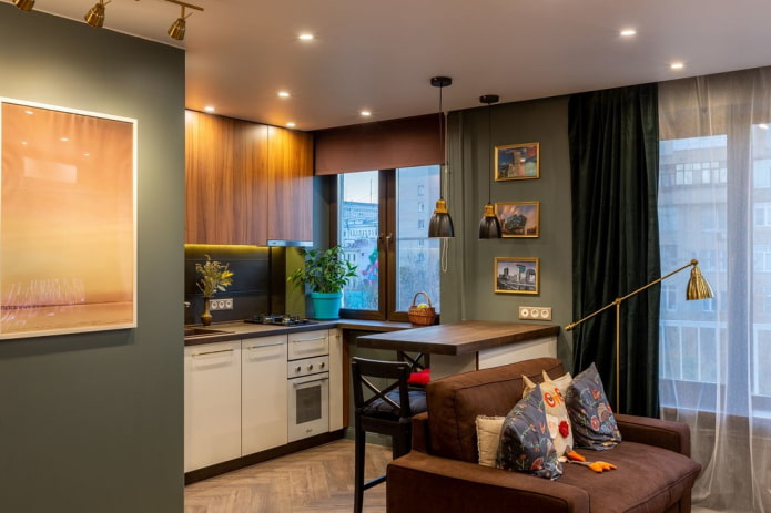 Separation of the kitchen and living room with a bar counter Separation of the kitchen and living room with a bar counter