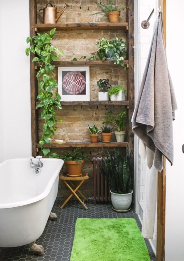 flowers on the shelf in the bathroom