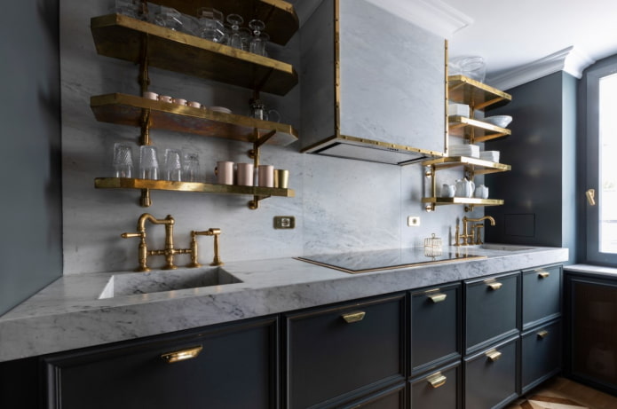 gold shelves for kitchen