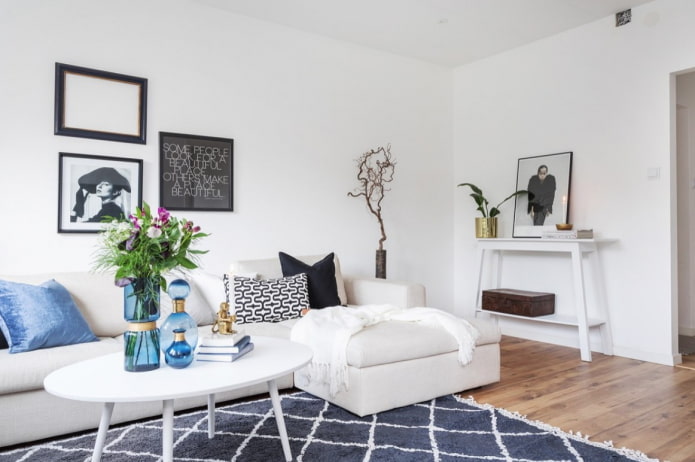 black and white posters in the living room