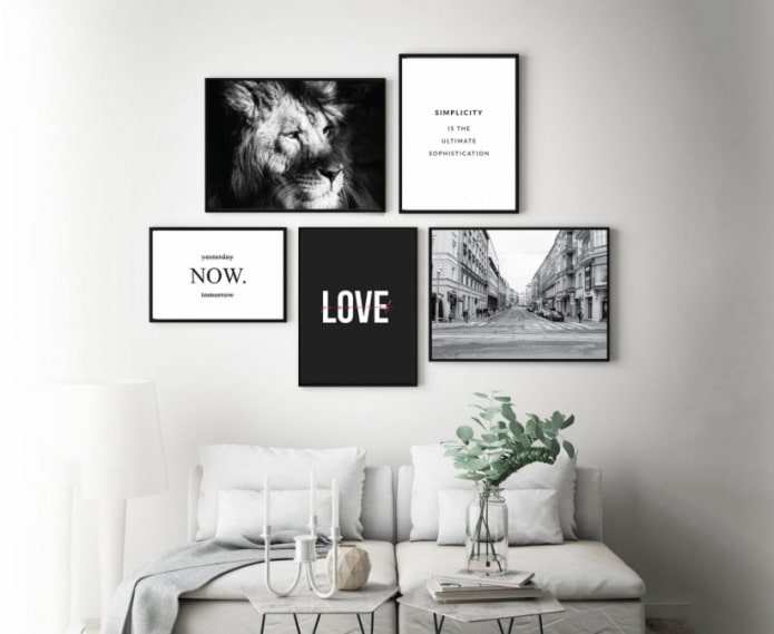 many paintings above the sofa