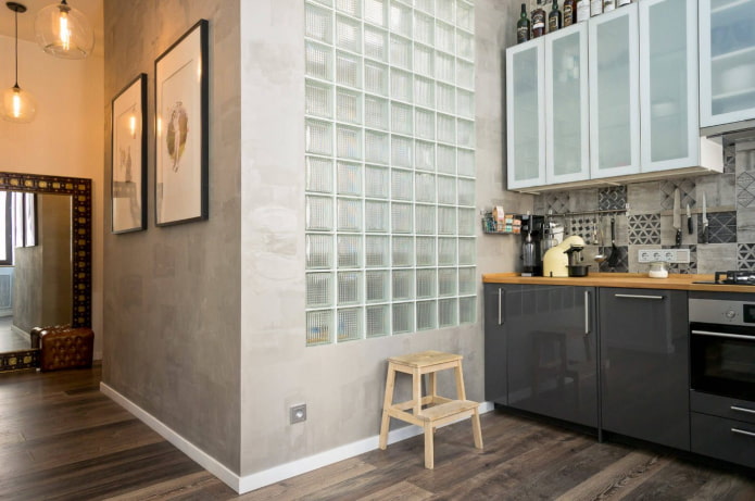glass blocks between kitchen and bathroom