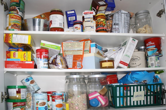 Products on shelves in packages Products on shelves in packages