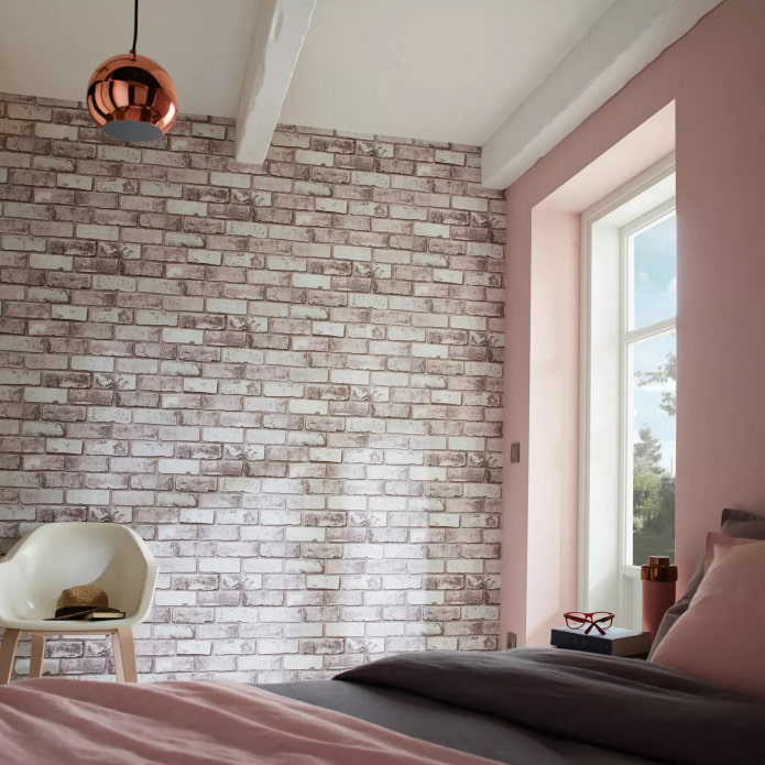 Wallpaper under gray brick