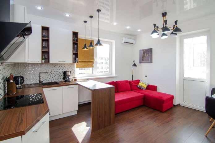 bright sofa in the kitchen-living room