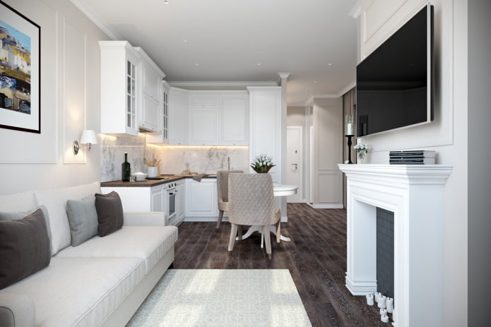 kitchen-living room with fireplace